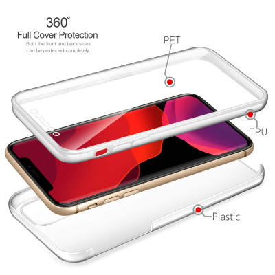 Твърди гърбове Твърди гърбове за Apple Iphone Луксозен ултра тънък Поли-Карбонов комплект предна и задна част със силиконова ТПУ рамка 360° Body Guard за Apple iPhone 11 6.1 кристално прозрачен